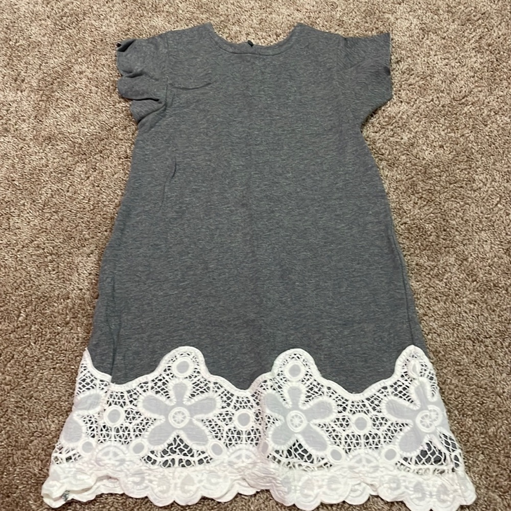 grey sweatshirt material dress with white flower lace